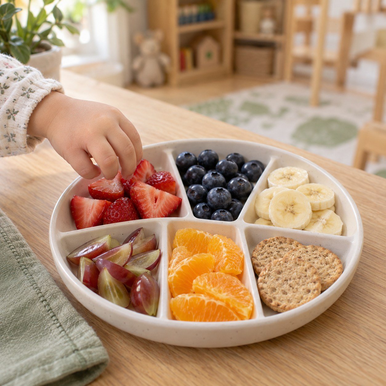 A child's hand reaching for a tray of fresh fruit, vegetables and crackers arranged for snack time
