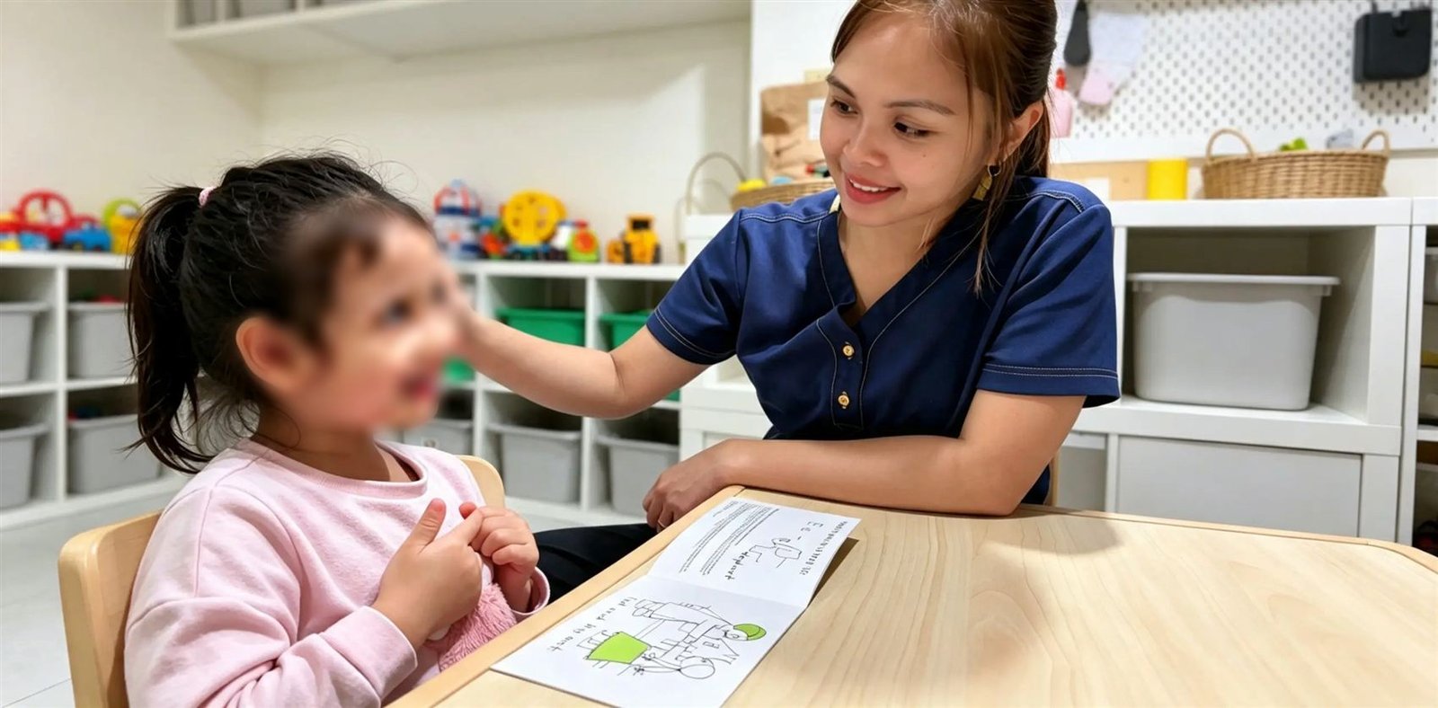 Teacher Marge smiling warmly at a young girl seated at a learning table with an open activity book at Wonder Thinkers Dayhome