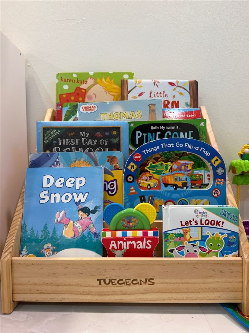 A low wooden bookshelf with front-facing children's picture books